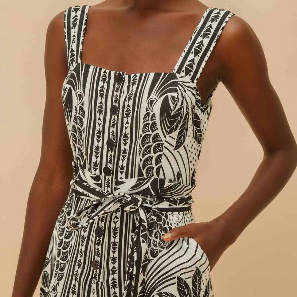 Farm Rio Monochrome Elegance Scarf Print Belted Linen Blend Romper